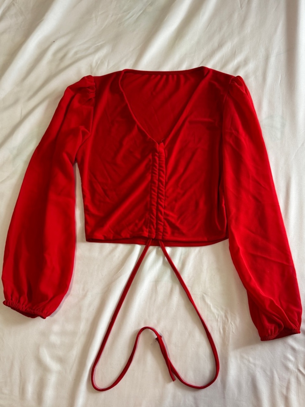 Red Long-Sleeve Ruched Front Crop Top - Women